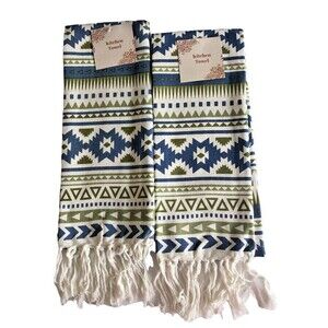 Southwest Kitchen Dish Tea Towels Tasseled Blue Navajo Native American Set Of 2